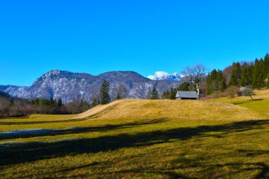 Bohinj, Gorenjska, Slovenya 'nın kırsal kesiminde Julian Alplerinde dağlar var