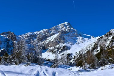 Slovenya 'nın Gorenjska kentinde Vrsiç üzerinde karla kaplı Mojstrovka dağı manzarası