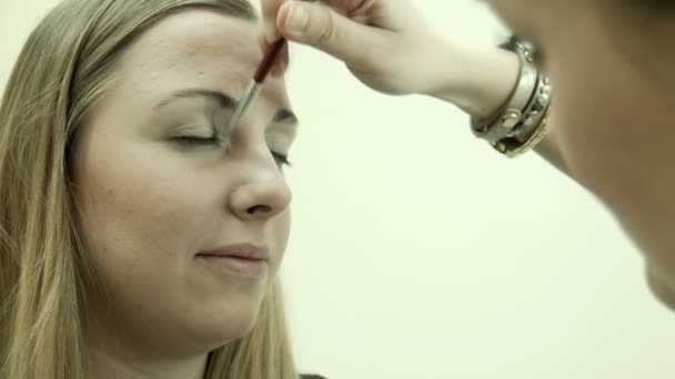 瞼にブラシを用いた粉体を適用します。 — ストック動画