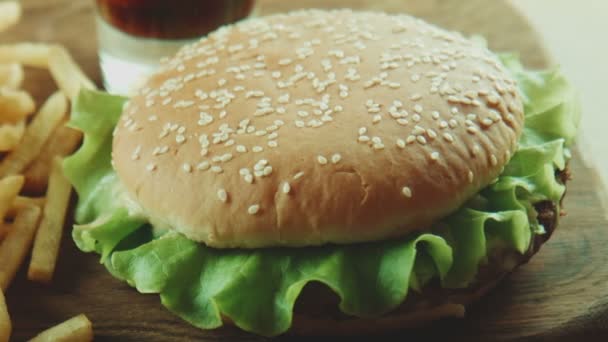 Hamburger un sandwich e patatine fritte su un vassoio — Video Stock