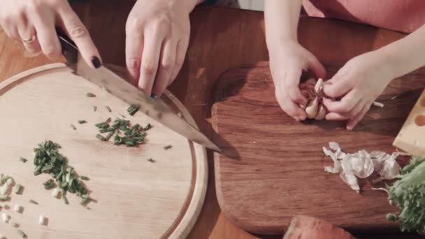 Mother and daughter cutting onion and garlic on wooden board — Stock Video