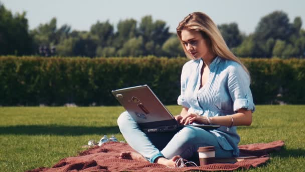 Glimlachend mooi meisje met laptop op deken in het park — Stockvideo