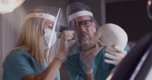 Odontoiatri che discutono di anatomia del cranio — Video Stock