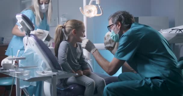 牙科医生向小女孩解释牙齿的结构 — 图库视频影像