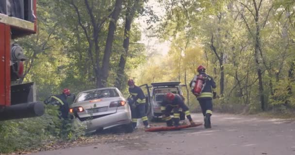 Pompiers sauver la famille diversifiée de la voiture naufragée — Video
