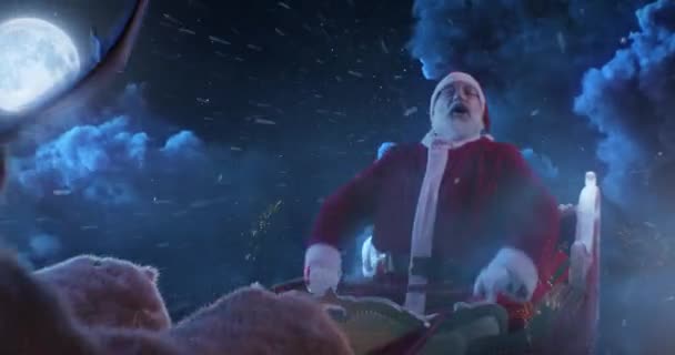 Weihnachtsmann auf Schlitten im Nachthimmel — Stockvideo