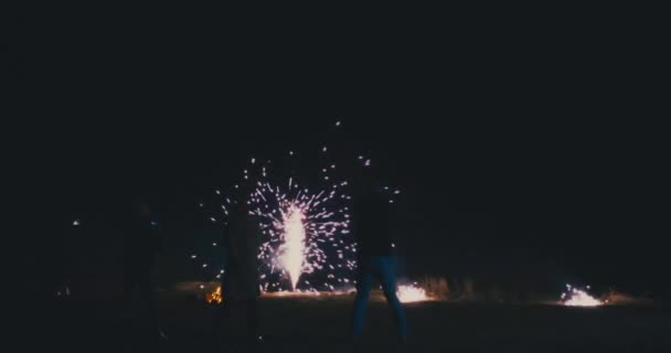 Φίλοι που βλέπουν πυροτεχνήματα στη φύση τη νύχτα — Αρχείο Βίντεο