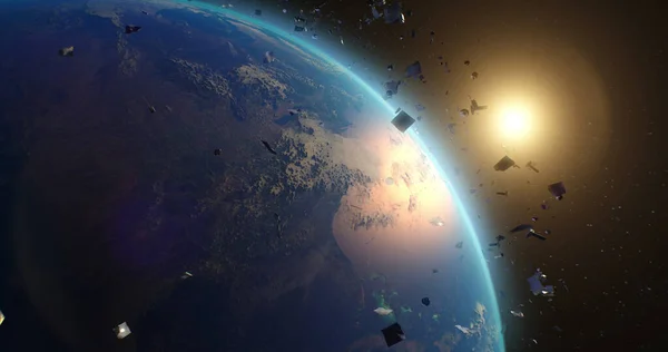 Escombros espaciales alrededor del planeta Tierra — Foto de Stock
