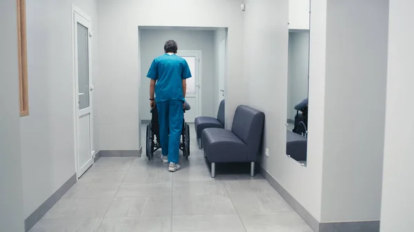 Γιατρός πιέζει αναπηρική καρέκλα με αρσενικό ασθενή — Φωτογραφία Αρχείου