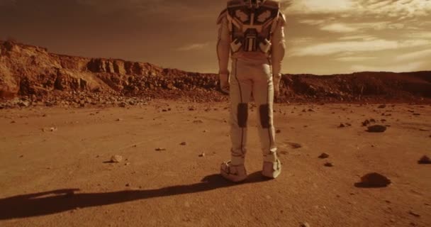 Anonymní astronauti stojící na vyprahlém terénu Marsu — Stock video