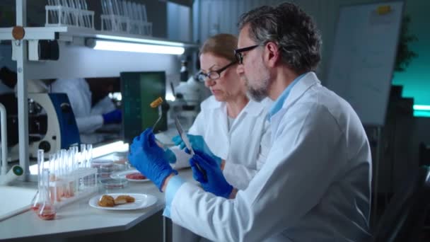 Mature scientists trying samples of cell based meat — Stock Video