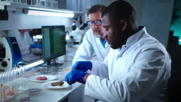 Diversos científicos prueban la carne celular — Vídeos de Stock