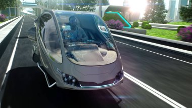 Siyah adam anti-yerçekimi arabası sürüyor ve video çağrısı yapıyor.