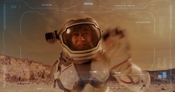 Female astronaut recording video diary on Mars — Stock Video