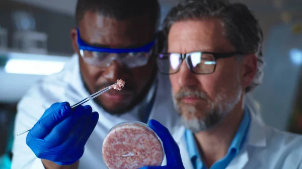 Scienziati multirazziali esaminano la carne cellulare nella capsula di Petri — Foto Stock