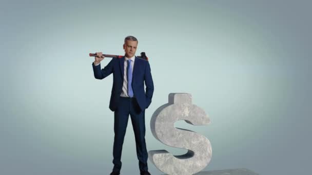 Mature entrepreneur crushing dollar symbol — Stock Video