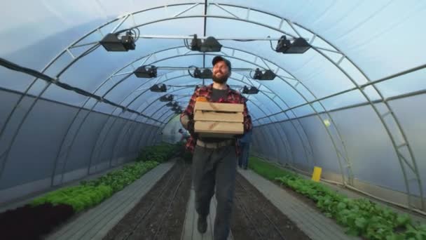 Homme jardinier marchant et saluant collègue à la ferme — Video