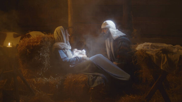 Joseph speaking with Mary after birth of Jesus