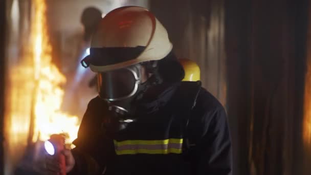 Bomberos examinando el corredor ardiente juntos — Vídeos de Stock