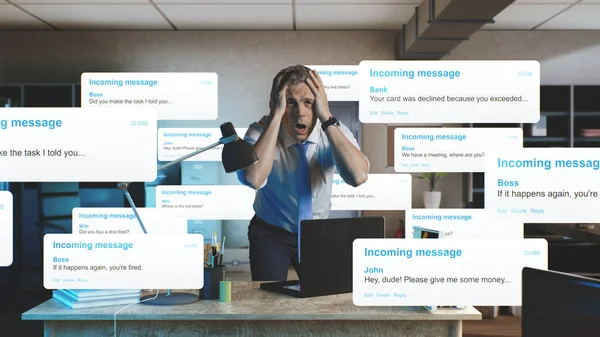 Stressed manager overwhelmed with messages — Stock Photo, Image