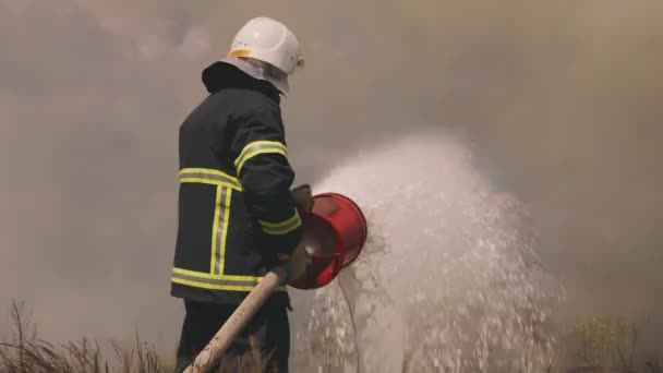 Bombero extinguiendo fuego en la naturaleza — Vídeos de Stock