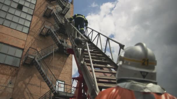 Felismerhetetlen tűzoltó mászik le a létrán. — Stock videók