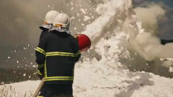 Пожарные тушат пожар в поле — стоковое видео