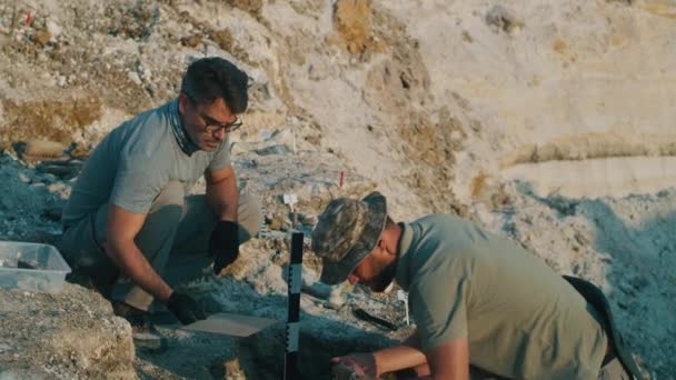 고고학자들 이 고대 목걸이를 함께 발굴하는 모습 — 비디오
