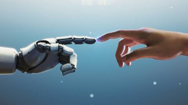 Zamanla Robotik Şekle dönüşen Geleceğin Robot Eli İnsan Eline Yaklaş. Yapay Zeka Dokunuşuyla İnsan Makineye Dönüyor. Dijital Başkalaşım ve Teknolojik Evrim Konsepti.
