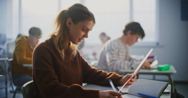 Genç Bayan Öğrenci Sınav Raporu Olarak Parlak Gülümsüyor ya da Parlak Sınıfta Masada Otururken Başarılı Sınav Kağıdı. Akademik Başarı Kavramları, Öğrenci Başarı, Öğrenim Keyfi.