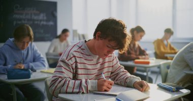 Süveter giyen çocuk masasında sakin ve kendinden emin bir şekilde oturuyor. Sınıf arkadaşları sessizce arkada çalışır. Konsept Sınıfı Atmosferi, Öğrenci İfadesi Destekleyici Öğrenim Ortamı. Ağır çekim. Portre.