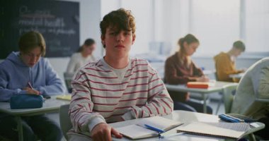 Çizgili tişörtlü, odaklı ifadeli genç öğrenci masasında oturuyor. Arka plandaki Diğer Öğrenciler Çalışması. Öğrenci Özgüveni, Dostluk, Eğitimde Pozitif Öğrenme Ortamı. Portre.