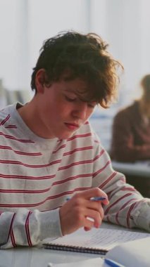 Süveter giyen çocuk masasında sakin ve kendinden emin bir şekilde oturuyor. Sınıf arkadaşları sessizce çalışır. Sınıfın atmosferi, Öğrenci İfadesi, Destekleyici Öğrenim Ortamı. Ağır çekim. Portre. Dikey Çekim.