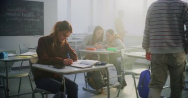 Endişeli Bayan Öğrenci Neşeli Sınıf Arkadaşları Grubu 'nun Sessizce Oturması Telefon Kullanması ve Konuşması. Gençlik Endişesi, Duygusal Mesafe ve Eğitimde Ruh Sağlığı Desteğinin Önemi kavramı.