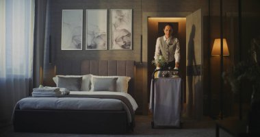 Üniformalı genç otel çalışanı lüks oteldeki modern odaya servis arabası getiriyor. Kadın Enfes Kahvaltı ve Taze Çiçekleri Odaya Getirdi. Konfor ve Premium Konukseverlik Deneyimi.