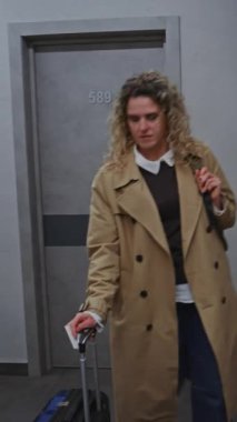 Kıvırcık saçlı misafir sırt çantası taşıyor, otel koridorunda gezinirken tramvay çantası çekiyor. Kapı numaralarını kontrol ettikten sonra, kilitleri açar, odaya girer. Seyahat konforu, rutin kontroller. Dikey Çekim.