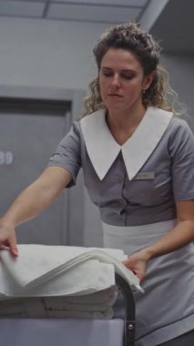 Temiz Üniformalı Kadın Otel Temizlikçisi, Temizlik Trolleyle Yanyana Duruyor, Taze Havluları Güzelce Katlıyor. Temizlik, Düzen, Yüksek Konukseverlik Hizmeti Standartları. Dikey Çekim.