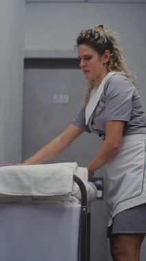 Otel Temizlikçisi Kadın, Temizlik Arabasının Yanında Duruyor, Temiz Havluları Pürüzsüz Katlıyor, Alıştırmalı Hareketler Yapıyor. Konukseverlik Profesyonelliği, Kalite Odası Hazırlığı, Konuk Bakımı. Dikey Çekim.