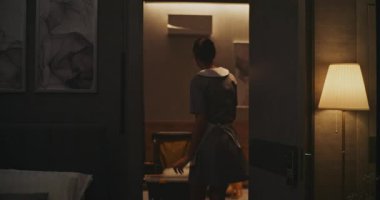 Otel temizlikçisinin işi. Arabayla Karanlık Oda 'ya girmek. Kadın Kalın Perdeleri Geri Çeker ve Temizliğe Başlar. Concept Constant, Tedbirli Gayret Üst Düzey Seyahat Deneyimini Koruması Gerekiyordu. El bilgisayarı.