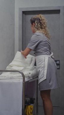 Kıvırcık saçlı otel hizmetlisi, üniformalı temizlikçi, Tramvayı Parlak Salon 'dan geçirir, Misafir Odalarını dağıtmadan önce taze havlular düzenler. Konukseverlik Servisi, Oda Hazırlığı. Dikey Çekim.