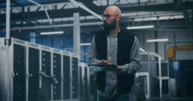 Veri Merkezi 'nde Mühendis Kullanıcı Yazılımı. Profesyonel Erkek Mühendis, Atılgan Seviye Sunucularının Performansını izlemek için Tablet üzerinde Uzman Uygulama Kullanıyor. Modern IT Araçları ve Teknik Denetleme.