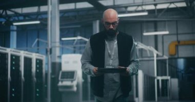 Veri Merkezi 'nde Mühendis Kullanıcı Yazılımı. Profesyonel Erkek Mühendis, Atılgan Seviye Sunucularının Performansını izlemek için Tablet üzerinde Uzman Uygulama Kullanıyor. Modern IT Araçları ve Teknik Denetleme.