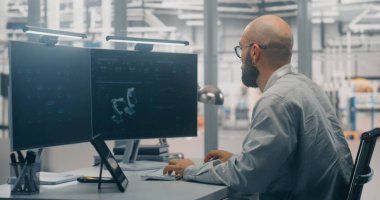 Sakallı Erkek Mühendis Programlama ya da Geliştiren Dijital İkiz, Derinlemesine İki Monitörlere Odaklanmış Robot 3D Model Arka plan Modern Fabrika Katında. Tasarım ve Sanayi 4.0 Yazılım Konsepti.