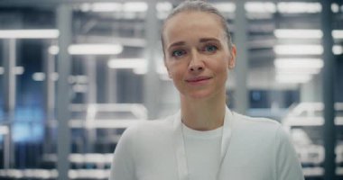 Güvenli ve Yapılandırılmış Veri Tesisi 'nde çalışan Kendine Güvenen Kadın' ın kapanışı. Kadın İfadesi Dostça ama Profesyonel. Teknik Yeterlilik ve Güvenilir Altyapı. Portre.