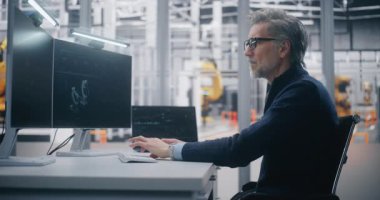 Modern Fabrika Ayarlarındaki İkili İzleme Masasında İşletim Ölçümlerini İzlerken Odaklanmış Erkek Profesyonel Programları Robotik Ekipman. Endüstriyel Otomasyon ve Üretim Stratejisi.