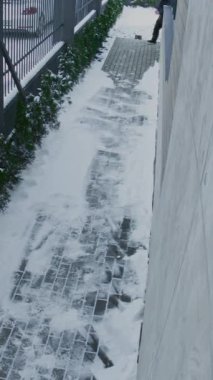 Kardan İniş Servisi Sarı Yalıtımlı Sırt Çantası ile Kardan Kaldırıma Taşındı. Kış Teslimatları, Şehir Lojistiği, Bakım İşleri 'nden sonra Güvenilir Kapı Adımları Servisi. Dikey Çekim.