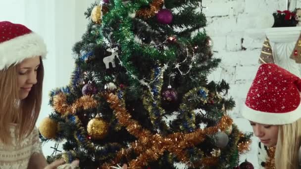 Dos novias decoran el árbol de Navidad — Vídeos de Stock