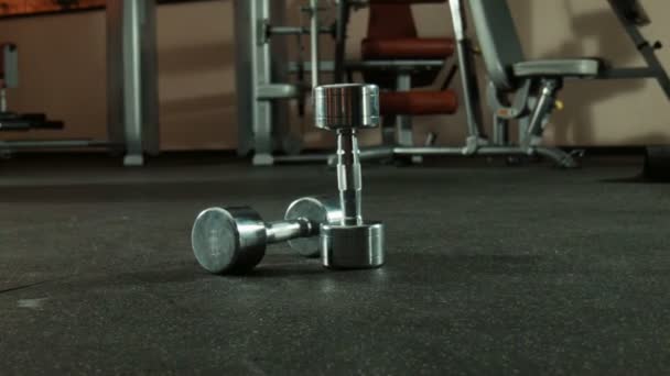 Two dumbbells in gym — Stock Video