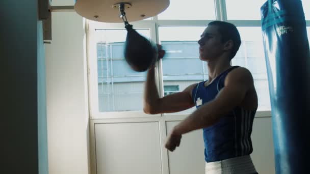 Jovens desportistas boxe velocidade perfurando saco — Vídeo de Stock