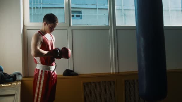 The young boxer puts on gloves and starts boxing a punching bag — Stock Video